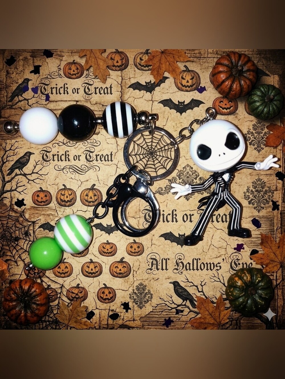 Jack Nightmare Before Christmas Black White Lime Green Keychain.